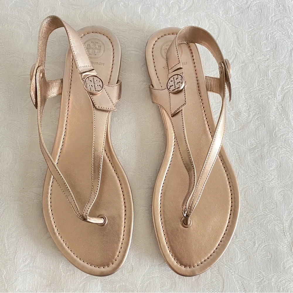 TORY BURCH rose gold Minnie Leather Travel Sandals